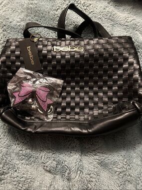 bebe Black Woven Tote with Gold Logo